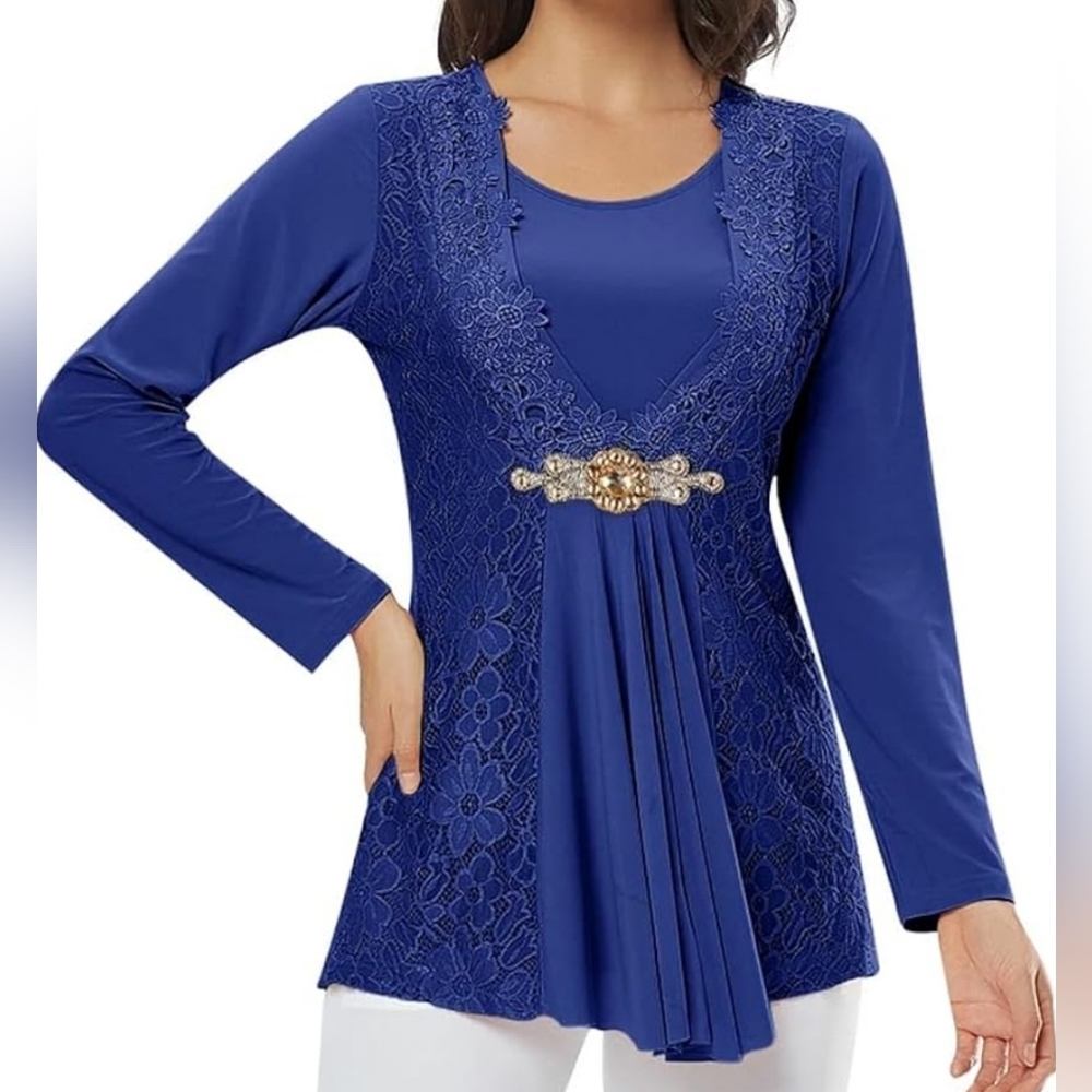 NWT Mindful Souls Plus Size Solid Crew Neck Blouse Long Sleeve Flowy Chic Lace